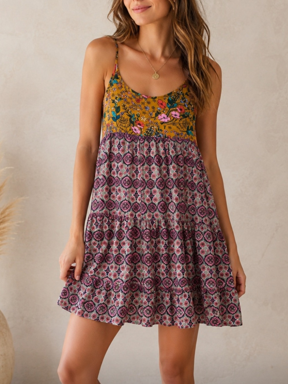 NATURAL LIFE Mustard and Plum Floral Tiered Mini Dress